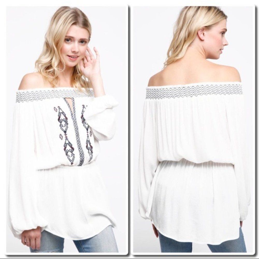 𝅺boho Off Shoulder Embroidered Blouse White & Black - Picture 6 of 10
